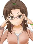  brown_eyes brown_hair glasses highres kyouno_madoka rinne_no_lagrange smile solo topknot track_jacket transparent_background woodzzz zipper 