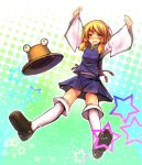  blonde_hair blush eho_(icbm) eyes hat hat_removed headwear_removed highres long_sleeves moriya_suwako open_mouth outstretched_arms solo touhou wide_sleeves yellow_eyes 
