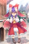  ahoge ascot bird_wings blue_hair blush bow cosplay detached_sleeves detached_wings eho_(icbm) hair_bow hakurei_reimu hakurei_reimu_(cosplay) head_wings horns multicolored_hair short_hair single_wing solo tokiko_(touhou) touhou tree two-tone_hair wavy_mouth white_hair wide_sleeves wings 