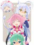 animal_ears blue_eyes blush cat_ears cat_tail closed_eyes dog_days dog_ears dog_tail eclair_martinozzi eyes_closed green_hair haribote_(tarao) leonmitchelli_galette_des_rois millhiore_f_biscotti multiple_girls petting pink_hair tail tarao_(37193719) white_hair yellow_eyes 