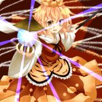  blonde_hair fang hair_ornament jellylily jeweled_pagoda long_sleeves open_mouth shawl short_hair solo tiger_print toramaru_shou touhou wide_sleeves yellow_eyes 