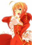  ahoge blonde_hair blush dress fate/extra fate_(series) green_eyes kinta_(distortion) long_hair looking_at_viewer open_mouth red_dress saber_extra shiny shiny_skin solo type-moon 