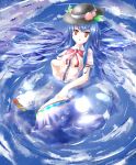  1girl blue_hair bow food fruit hat highres hinanawi_tenshi leaf little_child long_hair open_mouth partially_submerged peach puffy_sleeves red_eyes see-through short_sleeves shuizao_(little_child) solo touhou water wet wet_clothes 
