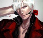  blue_eyes cross_(togano) dante devil_may_cry_4 flower male mouth_hold realistic red_rose rose solo white_hair 