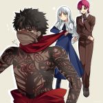  /\/\/\ 1boy 2girls avenger bazett_fraga_mcremitz black_hair caren_ortensia dark_skin dress earrings fate/hollow_ataraxia fate_(series) formal jewelry long_hair mmm_ss multiple_girls necktie pant_suit purple_hair red_eyes short_hair silver_hair single_glove suit tattoo turn_pale white_hair yellow_eyes 