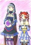  2girls amy_sorel artist_name bare_shoulders breasts choker claw_(weapon) cleavage detached_sleeves drill_hair frills garter_straps gothic_lolita green_eyes grey_hair hair_over_one_eye hood jewelry kagiake lolita_fashion marker_(medium) multiple_girls necklace orb pearl rapier red_eyes red_hair redhead silver_hair skirt soul_calibur soulcalibur soulcalibur_iv soulcalibur_v sword thigh-highs thighhighs traditional_media twin_drills viola_(soulcalibur) weapon 