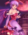  :d alec ass bare_shoulders bat_wings boots head_wings lilith_aensland moon night open_mouth pantyhose print_pantyhose purple purple_hair purple_legwear red_eyes red_moon short_hair smile solo vampire_(game) wings 