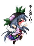  blue_hair chibi closed_eyes eyes_closed food fruit hat hinanawi_tenshi leaf long_hair nanatu_yashiki open_mouth peach short_sleeves solo touhou very_long_hair white_background wings 