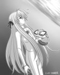  bangs bodysuit bubble diving freediving goggles greyscale hair_ribbon long_hair monochrome open_mouth original ribbon saver_(artbysaver) swimming underwater water water_surface wetsuit 