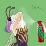  antennae armpits bee_girl covering_eyes green_background hands hands_on_own_face insect_wings ocara pantyhose purple_hair q-bee simple_background sleeveless solo spray vampire_(game) wings 
