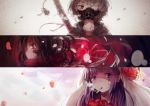  3girls bandaid black_flame bride brown_hair cigarette eyepatch flower gas_mask grey_hair hei_yan-m82a1 lavender_eyes lavender_hair multiple_girls original scar skull smoking tears violet_eyes violet_hair weapon 