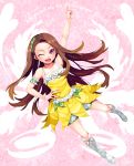  ;d arm_up brown_hair dress hairband hand_on_hip happa_(cloverppd) highres hips idolmaster long_hair looking_at_viewer minase_iori open_mouth pink_eyes sleeveless sleeveless_dress smile solo vital_sunflower wink 