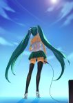  bare_shoulders from_behind green_hair hatsune_miku high_heels highres huazha01 long_hair microphone panties pantyshot shoes skirt sky solo thigh-highs thighhighs twintails underwear very_long_hair vocaloid zettai_ryouiki 