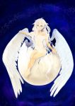  angel angel_wings arrow_(spear_cuttlefish_sword) bare_shoulders barefoot blue_background blue_eyes dress egg feathered_wings highres ia_(vocaloid) light_smile sitting solo vocaloid white white_dress white_hair wings 