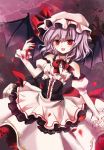  adapted_costume bat_wings cloud clouds detached_sleeves hat hat_ribbon mayo_(miyusa) moon open_mouth petals puffy_sleeves purple_hair red_eyes remilia_scarlet ribbon short_hair solo touhou wings 