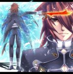  2boys brown_eyes brown_hair kratos_aurion male multiple_boys projected_inset rioka solo sword tales_of_(series) tales_of_symphonia weapon wings 
