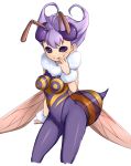  antennae fur hand_on_own_face highres insect_girl insect_wings kosumo pantyhose purple_eyes purple_hair purple_legwear q-bee short_hair sleeveless smile solo vampire_(game) violet_eyes white_background wings 