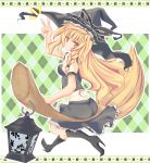  1girl alternate_breast_size blonde_hair bow braid broom hat hat_bow kirisame_marisa lantern long_hair neko_maturi puffy_sleeves short_sleeves side_braid single_braid smile solo touhou v very_long_hair witch_hat yellow_eyes 