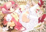  :d argyle argyle_background blush bow_(weapon) buttons dress flower gloves high_heels highres kaname_madoka magical_girl mahou_shoujo_madoka_magica miyasu_risa open_mouth pink_hair pink_rose red_eyes ribbon_choker rose scan shoes smile socks solo twintails weapon 