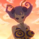  antennae backlighting bare_shoulders breasts bust donguri_(acorncafe) insect_girl large_breasts looking_at_viewer purple_hair q-bee short_hair sky smile solo twilight vampire_(game) 