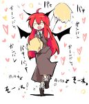  ^_^ ahoge arm_up bat_wings closed_eyes dress_shirt eyes_closed fang happy head_wings heart highres koakuma long_hair long_sleeves mizuga open_mouth payot pom_poms red_hair redhead shirt shoes skirt skirt_set smile socks standing_on_one_leg touhou translation_request very_long_hair vest white_background white_shirt wings 