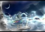  blue_hair boots cloud clouds crescent_moon hand_on_hip hat hinanawi_tenshi hips letterboxed long_hair moon planted_sword planted_weapon potato_pot solo sword sword_of_hisou touhou weapon 