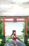  ascot bow brown_hair detached_sleeves hair_bow hair_tubes hakurei_reimu highres little_child long_hair mary_janes red_eyes shoes shuizao_(little_child) solo torii touhou umbrella very_long_hair wide_sleeves 