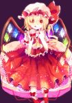  ascot blonde_hair bow candy crystal curly_hair flandre_scarlet hair_curls hat hat_ribbon heart heart-shaped_pupils highres hiyualice lollipop red_eyes ribbon short_hair short_sleeves side_ponytail solo symbol-shaped_pupils tongue touhou wings 