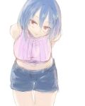  arms_behind_back bare_legs blue_hair breasts casual contemporary leaning_forward light_smile looking_at_viewer midriff nagae_iku red_eyes ribbed_sweater rough sape_(saperon_black) seductive_smile short_hair shorts simple_background sleeveless solo sweater touhou white_background 