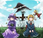  alice_margatroid apron blonde_hair blue_dress blue_eyes blue_sky book bow cloud clouds clover crescent dress four-leaf_clover gloves grass hair_bow hairband hat hat_ribbon highres kirisame_marisa long_hair multiple_girls musical_note patchouli_knowledge purple_hair red_dress ribbed_sweater ribbon sash scarecrow shanghai_doll short_hair sitting skirt sky smile striped striped_sweater sweater the_nekoma touhou waist_apron white_gloves witch_hat 