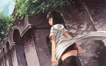  1girl arch bangs black_hair blunt_bangs from_behind fukube_tamaki hoodie kouno_hikaru looking_up miniskirt open_mouth original shirt short_hair skirt solo stone_wall striped striped_shirt thighhighs wall zettai_ryouiki 