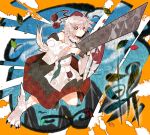  animal_ears bad_id blush detached_sleeves hat highres inubashiri_momiji leaf red_eyes ringetsumon shield short_hair silver_hair skirt solo sword tail text tokin_hat touhou weapon white_hair wolf_ears wolf_tail 