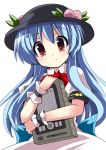  blue_hair book bow box favfavver2 food fruit hat hinanawi_tenshi leaf long_hair peach puffy_sleeves red_eyes short_sleeves smile solo touhou wrist_cuffs 