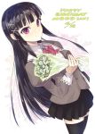  black_hair black_legwear bouquet copyright_request dated flower happy_birthday long_hair pink_eyes school_uniform shrimpman skirt smile solo thigh-highs thighhighs 