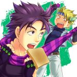  2boys anger_vein asphyxiation blonde_hair blue_jacket caesar_anthonio_zeppeli choking cropped_jacket fang feathers fingerless_gloves gloves green_eyes headband jacket jojo_no_kimyou_na_bouken joseph_joestar_(young) multiple_boys nohko parody purple_hair scarf toast violet_eyes 