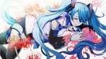  aqua_eyes aqua_hair detached_sleeves flower harano hatsune_miku long_hair lying necktie on_side skirt solo spider_lily thigh-highs thighhighs twintails very_long_hair vocaloid zettai_ryouiki 