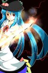  blue_hair bow collarbone coolon electricity food fruit hat hinanawi_tenshi leaf long_hair peach puffy_sleeves red_eyes short_sleeves smile solo sword sword_of_hisou touhou very_long_hair weapon 