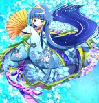  aoki_reika blue_eyes blue_hair blush fan flower folding_fan hair_tubes japanese_clothes kimono long_hair precure seleb629 sitting smile smile_precure! solo tiara very_long_hair yuiyuimoe 