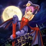  armpits arms_up bat_wings blue_legwear boots detached_sleeves eiji_(eiji) flat_chest flying from_below full_moon head_wings lilith_aensland moon night pantyhose purple_hair red_eyes short_hair solo vampire_(game) wings 