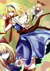  alice_margatroid blonde_hair blue_eyes book bow doll doll_joints dress hair_bow hairband pi_kuro polearm ribbon shanghai_doll short_hair solo string touhou weapon 