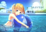  :d ball beachball bikini blonde_hair blue_eyes blush holding looking_at_viewer open_mouth original partially_submerged shacchi smile solo swimsuit translation_request twintails water 