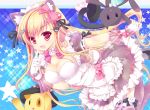  :d animal_ears beatmania beatmania_iidx blonde_hair blush breasts cat cat_ears cleavage dress finger_to_mouth frills gloves hair_ornament hair_ribbon hinata_momo long_hair open_mouth red_eyes ribbon smile solo star stuffed_animal stuffed_toy the_knee_socks_princess_of_glass very_long_hair wrist_cuffs 