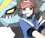  brown_eyes brown_hair drawr hat jacket kyouhei_(pokemon) kyurem male no_kou noe_yuuhi open_mouth pokemon pokemon_(game) pokemon_bw2 short_hair simple_background smile visor_cap 