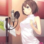  andou_hitomi animated animated_gif blinking blush book brown_eyes brown_hair holding holding_book ilog mana_kakkowarai microphone microphone_stand official_art open_book open_mouth pop_filter sleeveless smile solo studio_microphone talking watermark web_address 