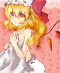  blonde_hair blush collarbone flandre_scarlet hat hat_ribbon open_mouth pointy_ears red_eyes ribbon short_hair side_ponytail solo touhou wings 