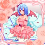  alternate_costume bat_wings bed blue_hair blush bow detached_sleeves dress flower hair_bow kneeling off_shoulder open_mouth petals pillow pink_dress puffy_sleeves red_eyes remilia_scarlet rmk rose short_hair solo touhou wings 
