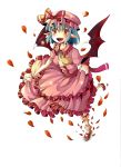  absurdres ascot blue_hair bow collarbone demon_wings frilled_legwear frilled_socks frills fumiko_(miruyuana) hat hat_bow highres jewelry open_mouth petals pointy_ears red_eyes remilia_scarlet short_hair socks solo touhou wings wrist_cuffs 