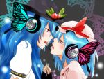  blue_hair butterfly food fruit hair_ornament hat hat_ribbon headphones hinanawi_tenshi leaf long_hair magnet_(vocaloid) multiple_girls open_mouth parody peach puffy_sleeves red_eyes remilia_scarlet ribbon short_hair short_sleeves touhou vocaloid 