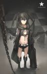 arm_cannon bikini_top black_hair black_rock_shooter black_rock_shooter_(character) blue_eyes boots chain chains coat gloves long_hair looking_up midriff navel scar short_shorts shorts solo twintails weapon xiao_qiang_(overseas) 
