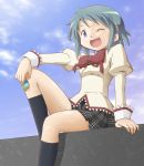  ;d blue_hair bow cloud clouds hair_ornament hairclip mahou_shoujo_madoka_magica miki_sayaka open_mouth plaid plaid_skirt school_uniform short_hair sitting skirt sky smile solo soul_gem takahan wink 